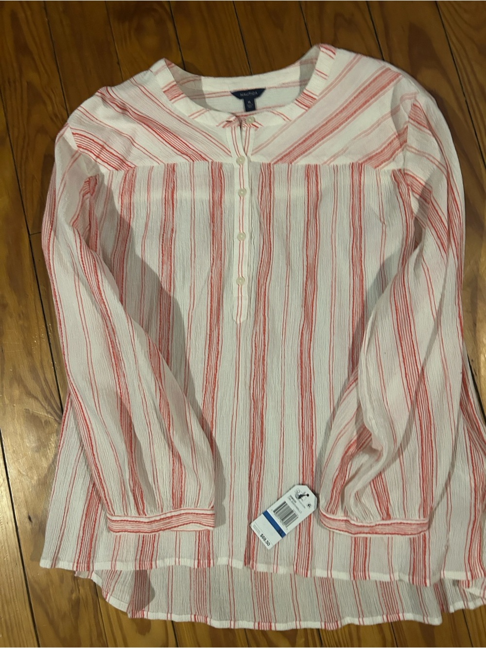 Nautica White and Red Striped Button Peasant blouse top.